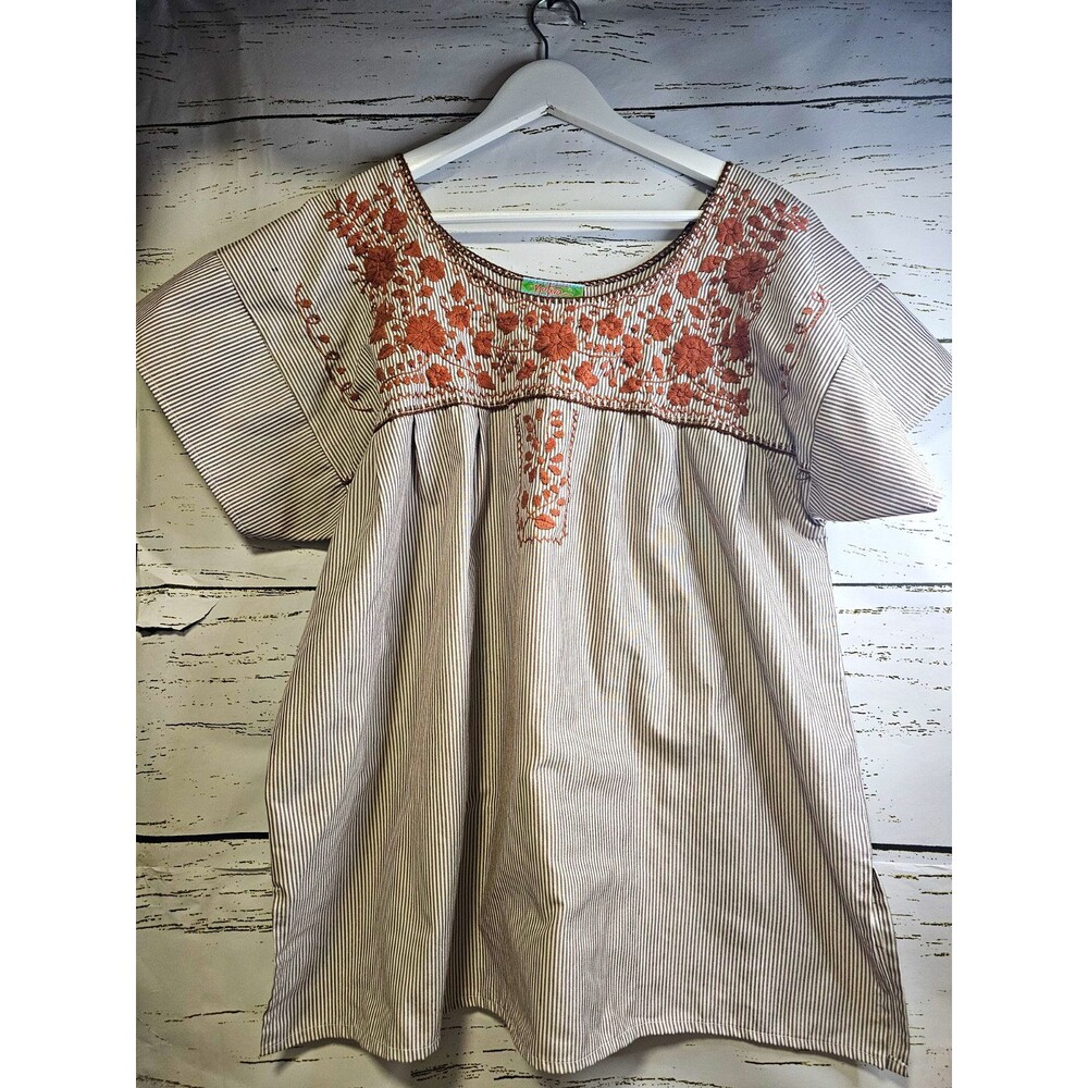 NaTiva Mexican Embroidered Cotton Tunic Blouse Brown Stripe Boho Handmade Mexico
